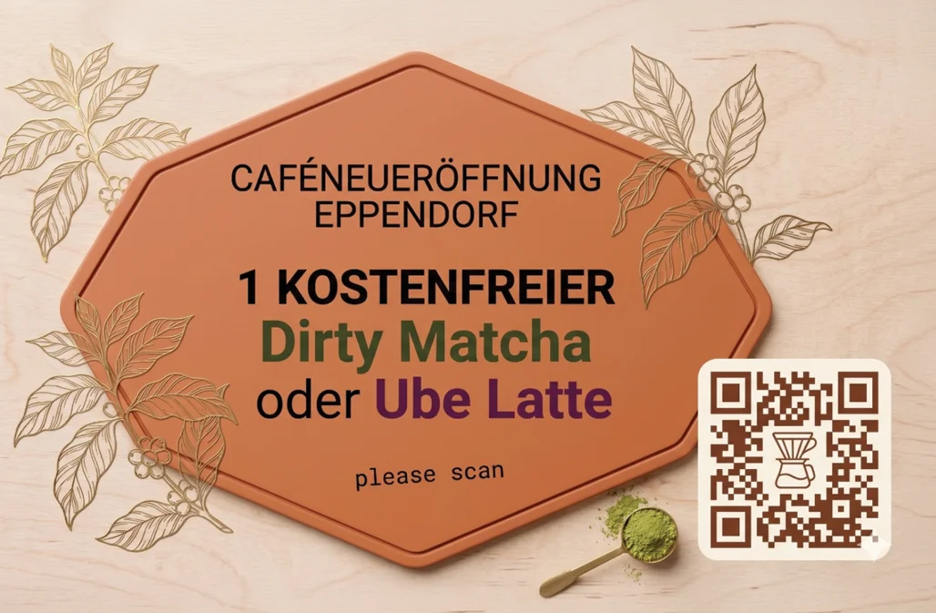 Sticker: café opening in Eppendorf offering a free Dirty Matcha, with a tracking QR code.