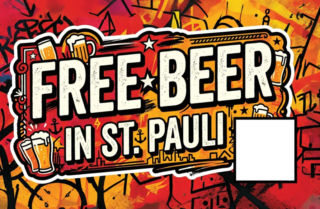Sticker: graffiti-style 'Free Beer in St. Pauli' with a tracking QR code.